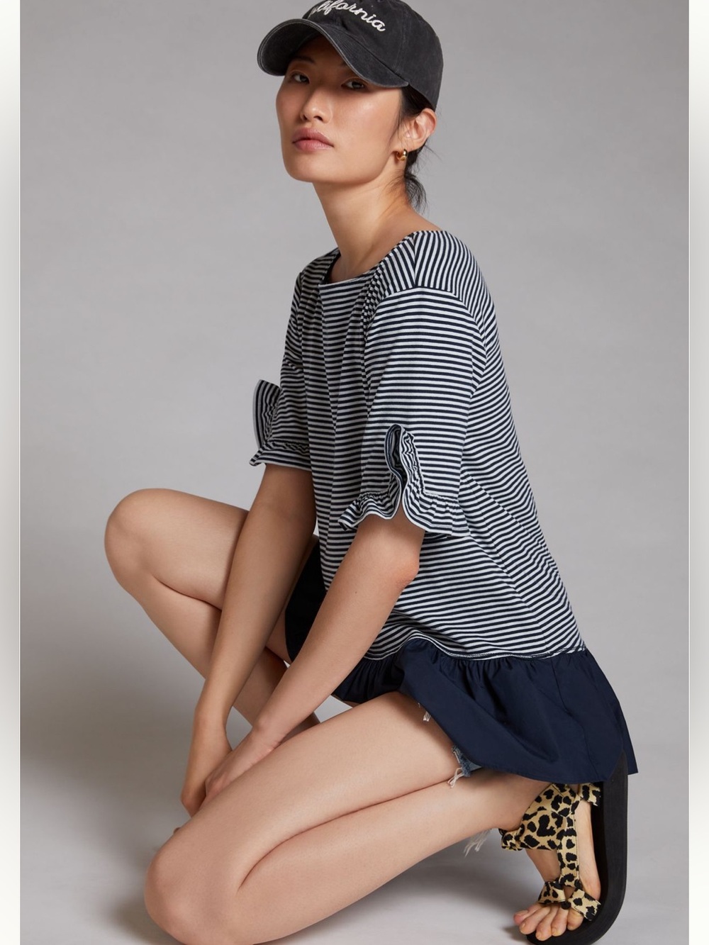 Maeve Navy and White Striped Ruffle Sleeve Peplum Top